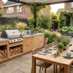 Moderne buitenkeuken met houten kasten, betonnen werkblad en eethoek in een sfeervolle Nederlandse tuin. Buitenkeuken ideeën
