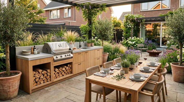 Moderne buitenkeuken met houten kasten, betonnen werkblad en eethoek in een sfeervolle Nederlandse tuin. Buitenkeuken ideeën