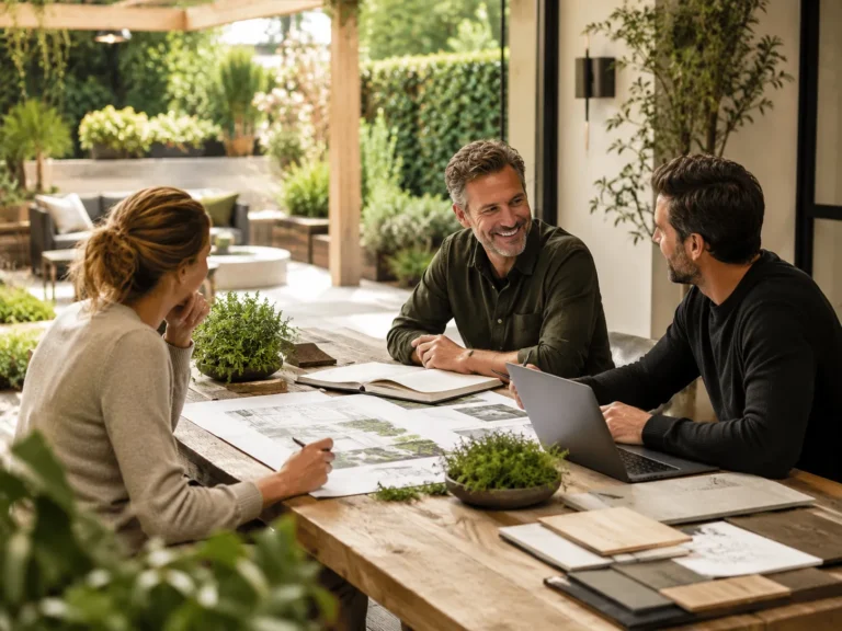 Drie professionals bespreken tuinideeën en tuinontwerp aan een houten tafel met laptop, planten, schetsen en natuurlijke materialen
