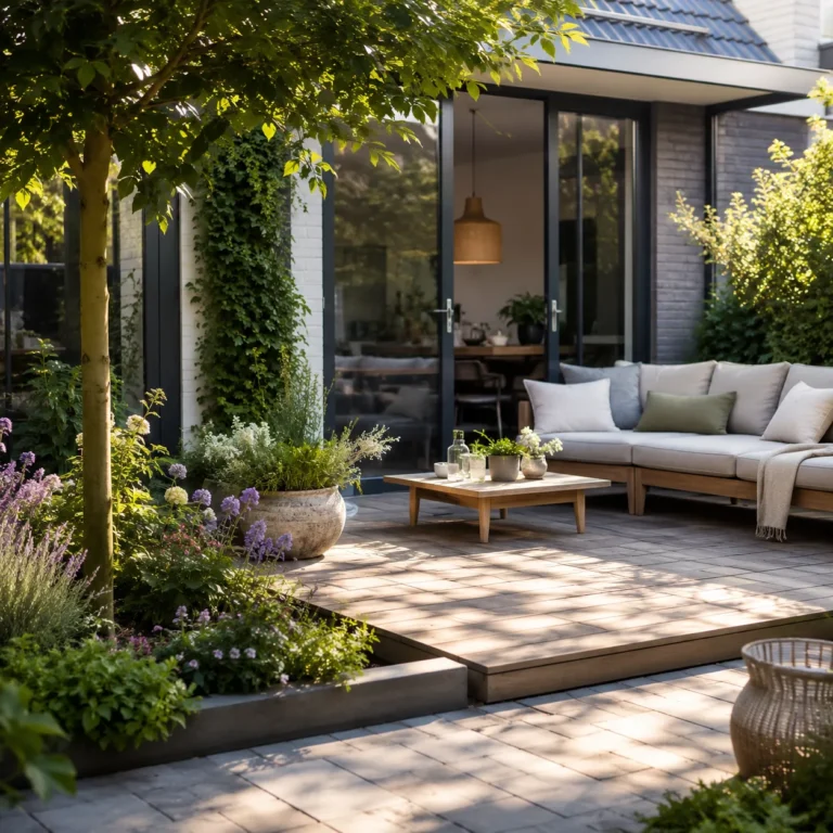 Sfeervol terras met groene beplanting, houten tuinmeubels, bloemen en een moderne woning als praktische tuininspiratie