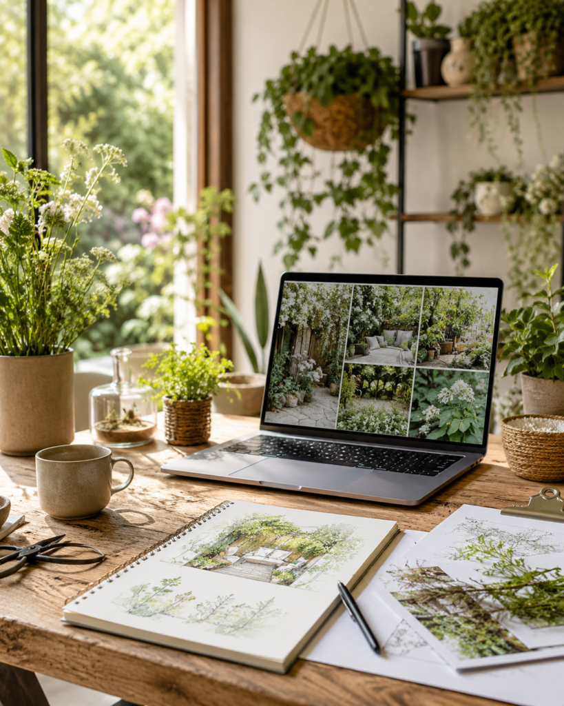 Botanische werkplek met laptop, tuinontwerp, schetsboek, planten en natuurlijke materialen voor bijdragen aan Tuinart