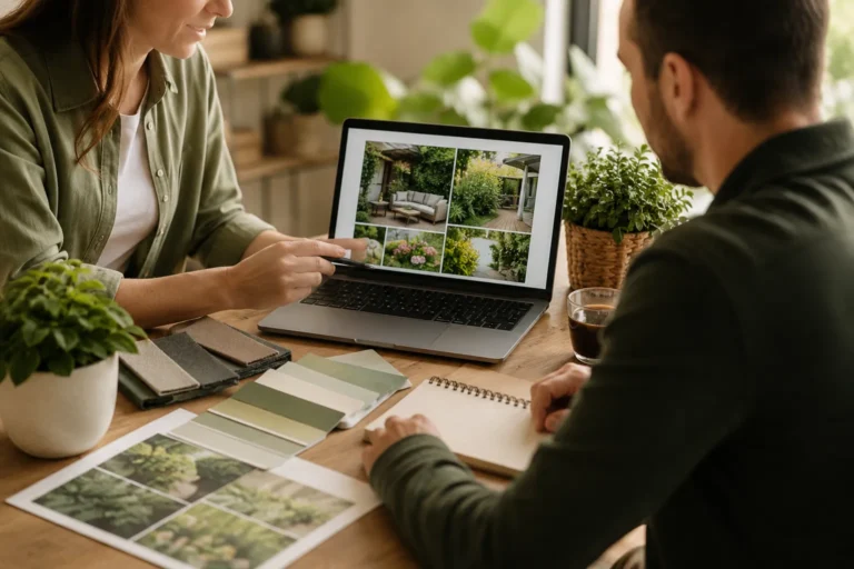 Twee professionals bespreken tuininspiratie en tuinontwerp aan een houten tafel met laptop, planten, kleurstalen en natuurlijke materialen