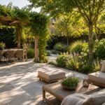 Moderne Nederlandse tuin met pergola, bomen en natuurlijke schaduw boven een terras