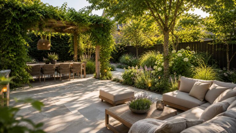 Moderne Nederlandse tuin met pergola, bomen en natuurlijke schaduw boven een terras