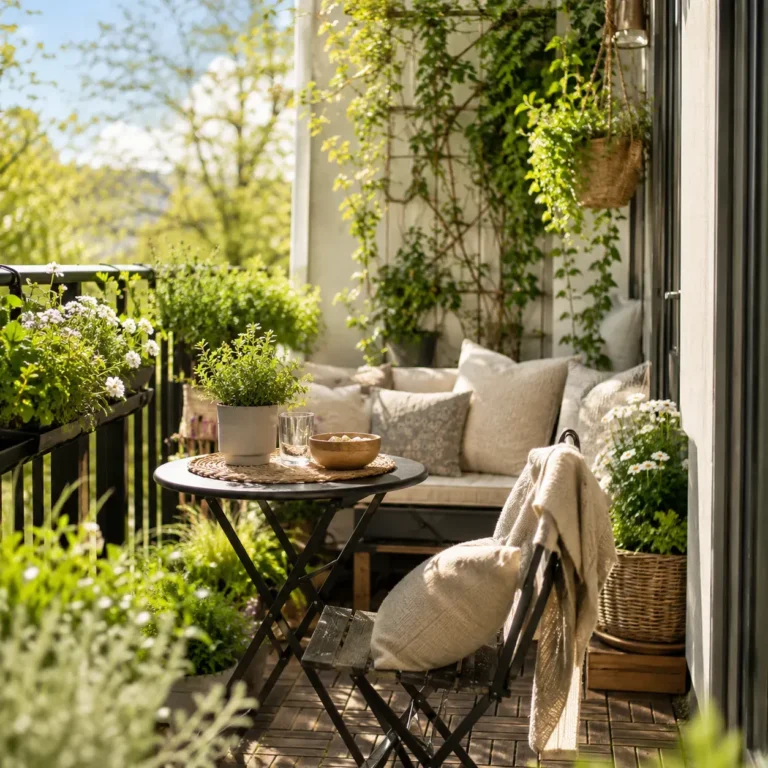 Sfeervol terras in groene tuin met loungehoek, bloemen, houten meubels en warm avondlicht
