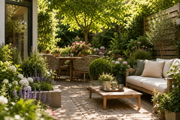 Sfeervolle achtertuin met groen terras, houten tuinmeubels, bloemen, planten en comfortabele zithoek
