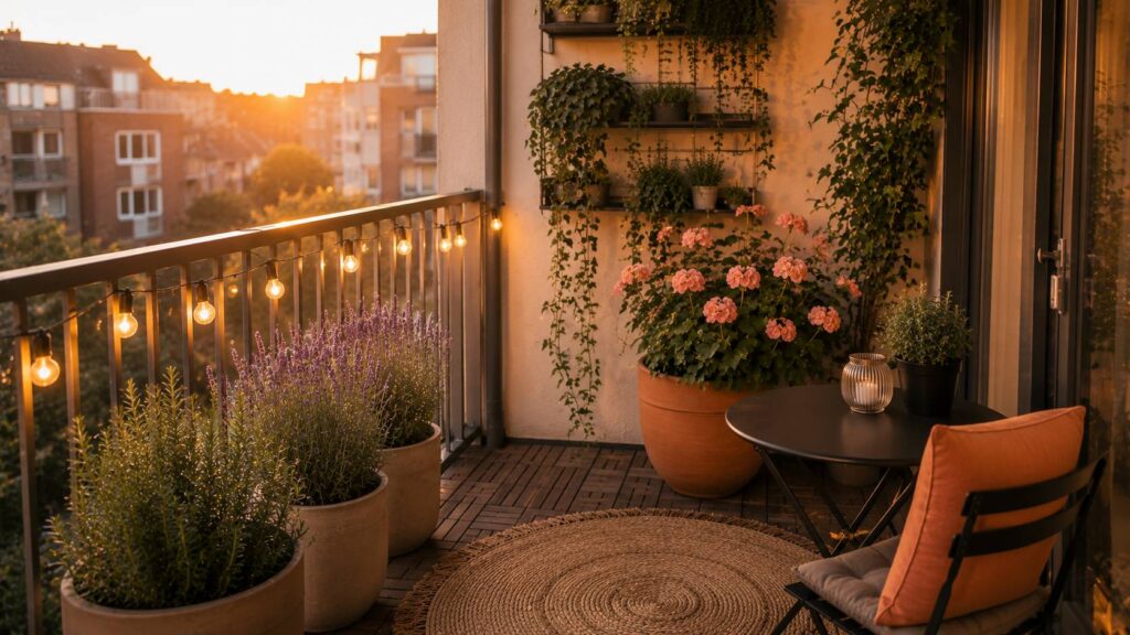 Sfeervol ingericht stadsbalkon met groene planten op verschillende hoogtes, warm licht en compacte meubels op een klein oppervlak