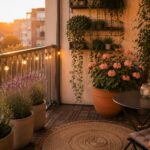 Sfeervol ingericht stadsbalkon met groene planten op verschillende hoogtes, warm licht en compacte meubels op een klein oppervlak