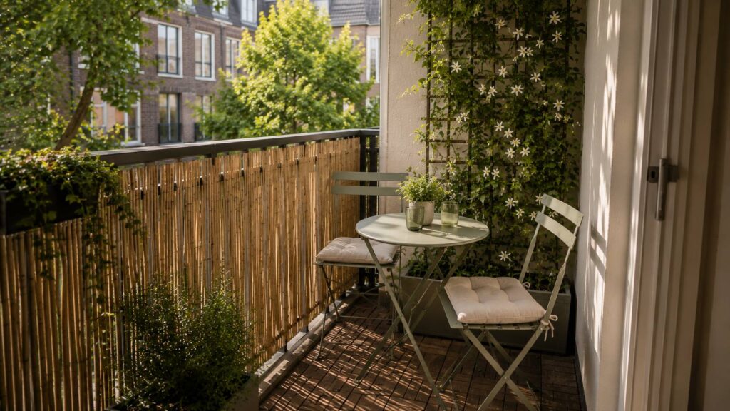 Stadsbalkon met privacyscherm van bamboe en klimplanten langs de reling voor afscherming en groen tegelijk