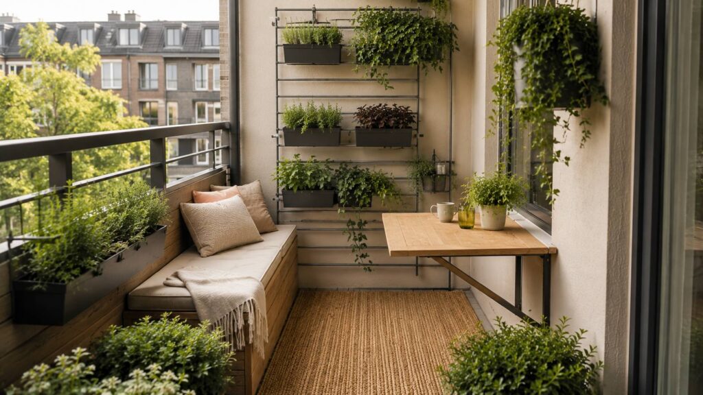 Klein stadsbalkon met verticaal plantenrek, hangplanten op verschillende hoogtes en een inklapbare wandtafel voor optimaal ruimtegebruik